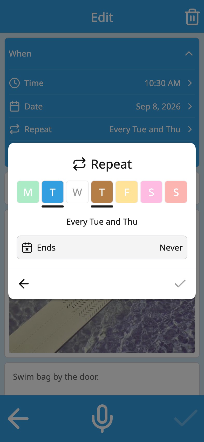 The repeat picker in Moi Calendar: seven weekday chips in the calendar's colours, Tuesday and Thursday selected