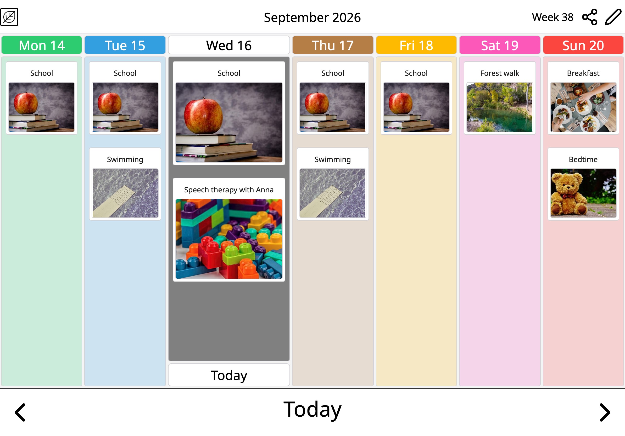 A week in Moi Calendar where school, swimming and speech therapy come back on their days