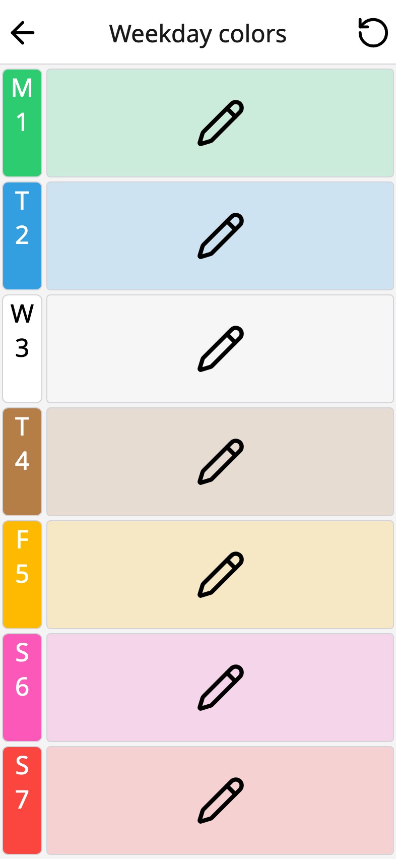 Weekday colours in Moi Calendar's settings: this week in its colours, and the sets to pick from